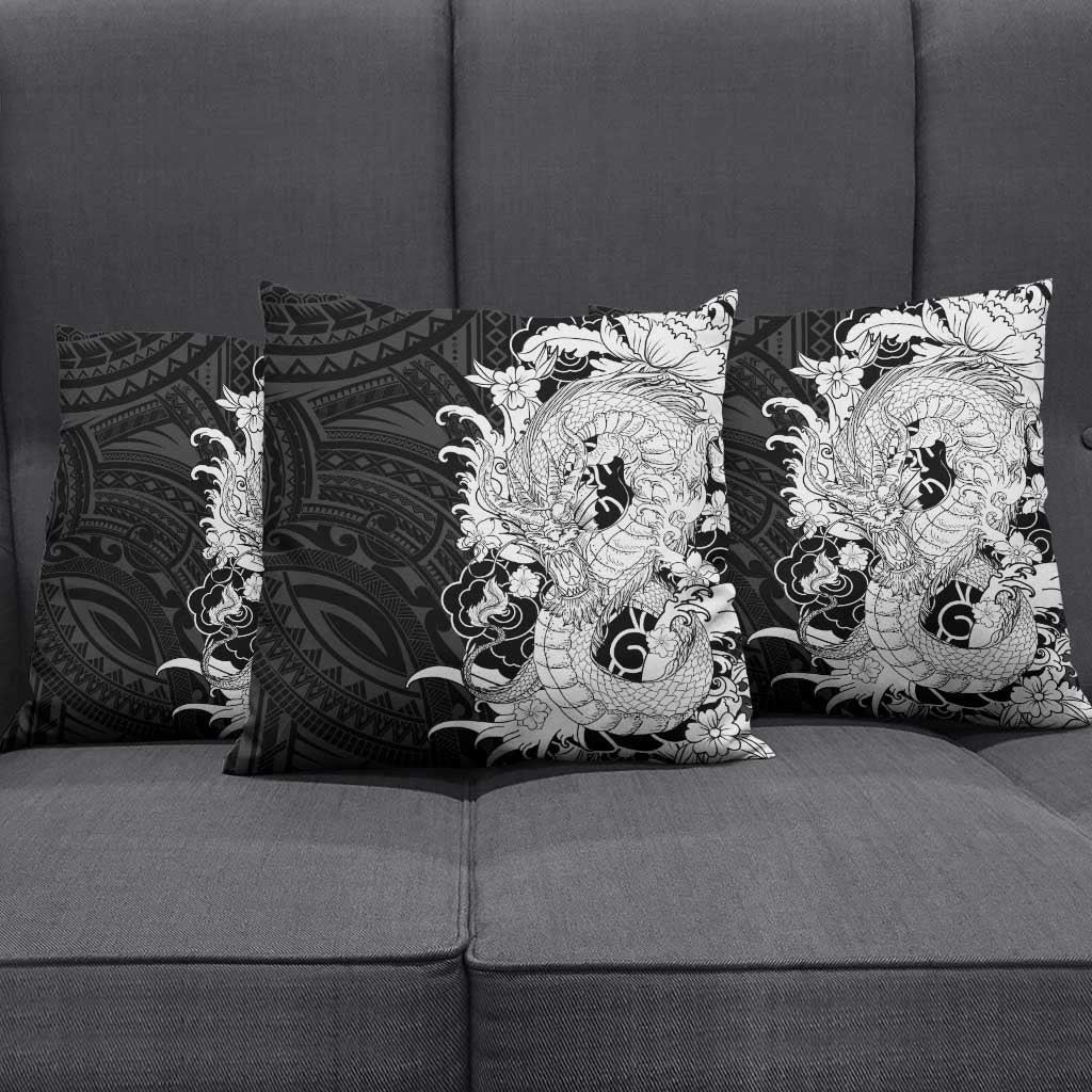 Hawaiian And Japanese Culture Pillow Cover Irezumi Dragon With Polynesian Pattern Black - Polynesian Pride