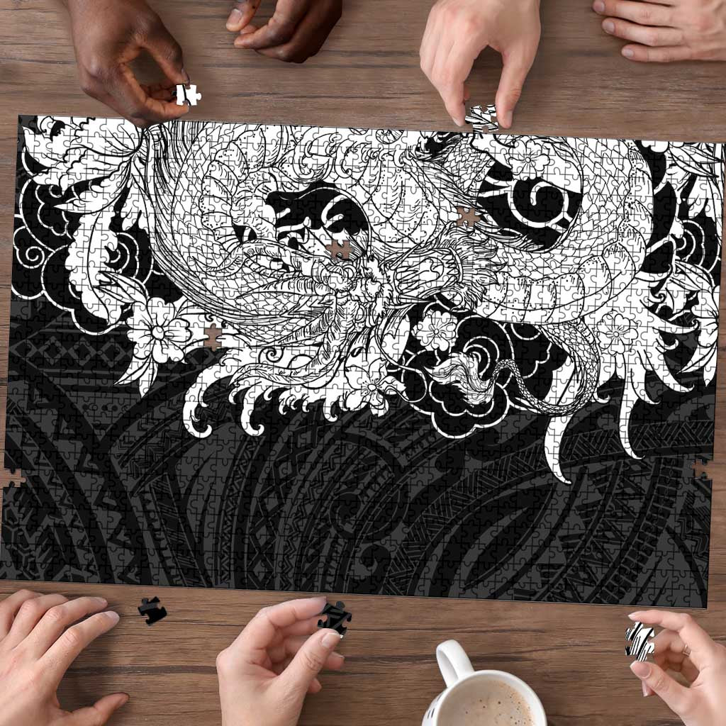 Hawaiian And Japanese Culture Puzzle Irezumi Dragon With Polynesian Pattern Black LT05 - Polynesian Pride