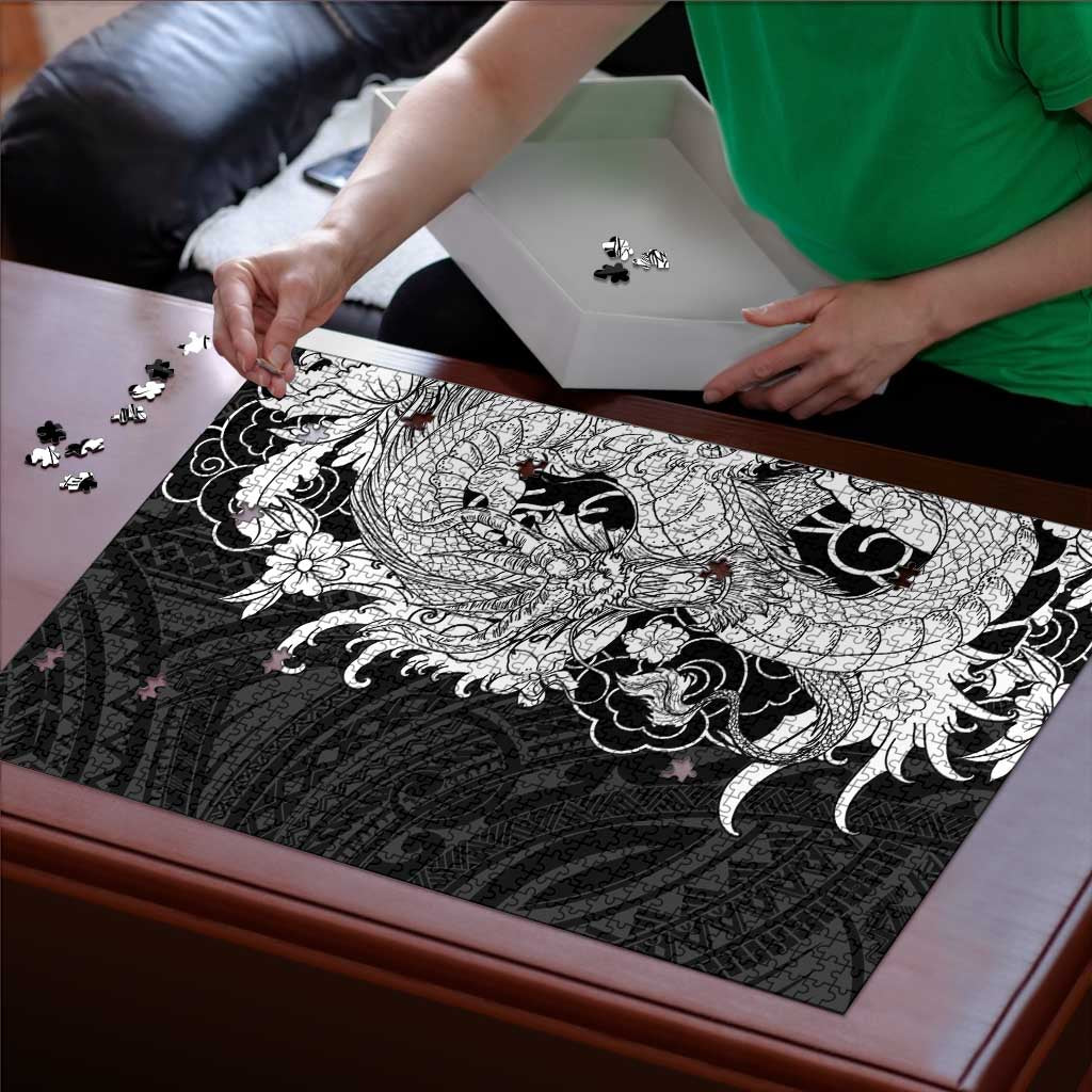 Hawaiian And Japanese Culture Puzzle Irezumi Dragon With Polynesian Pattern Black LT05 - Polynesian Pride