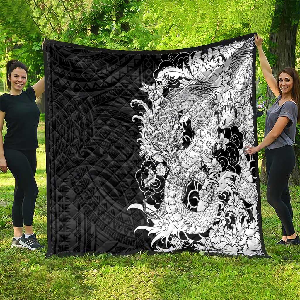 Hawaiian And Japanese Culture Quilt Irezumi Dragon With Polynesian Pattern Black - Polynesian Pride