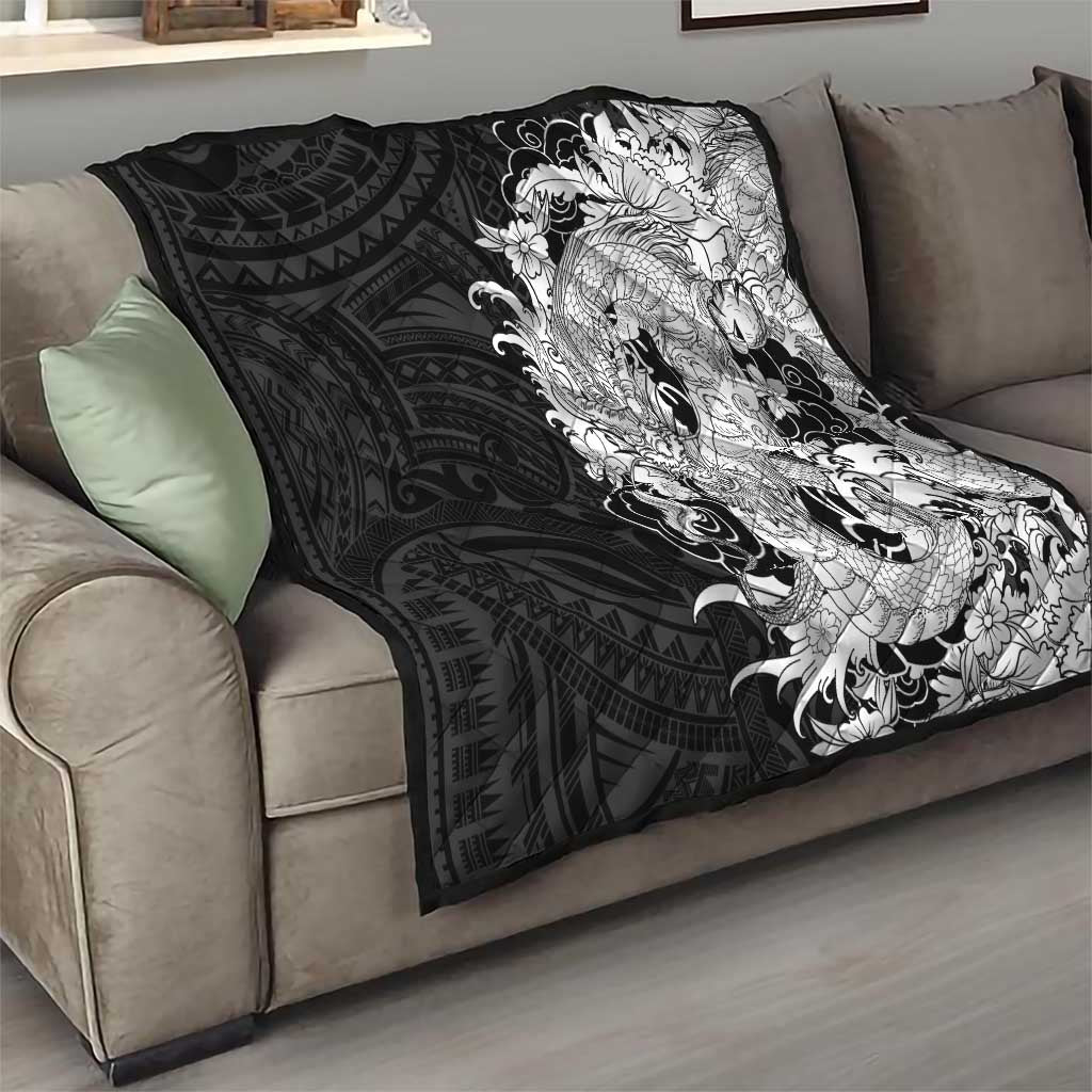 Hawaiian And Japanese Culture Quilt Irezumi Dragon With Polynesian Pattern Black - Polynesian Pride