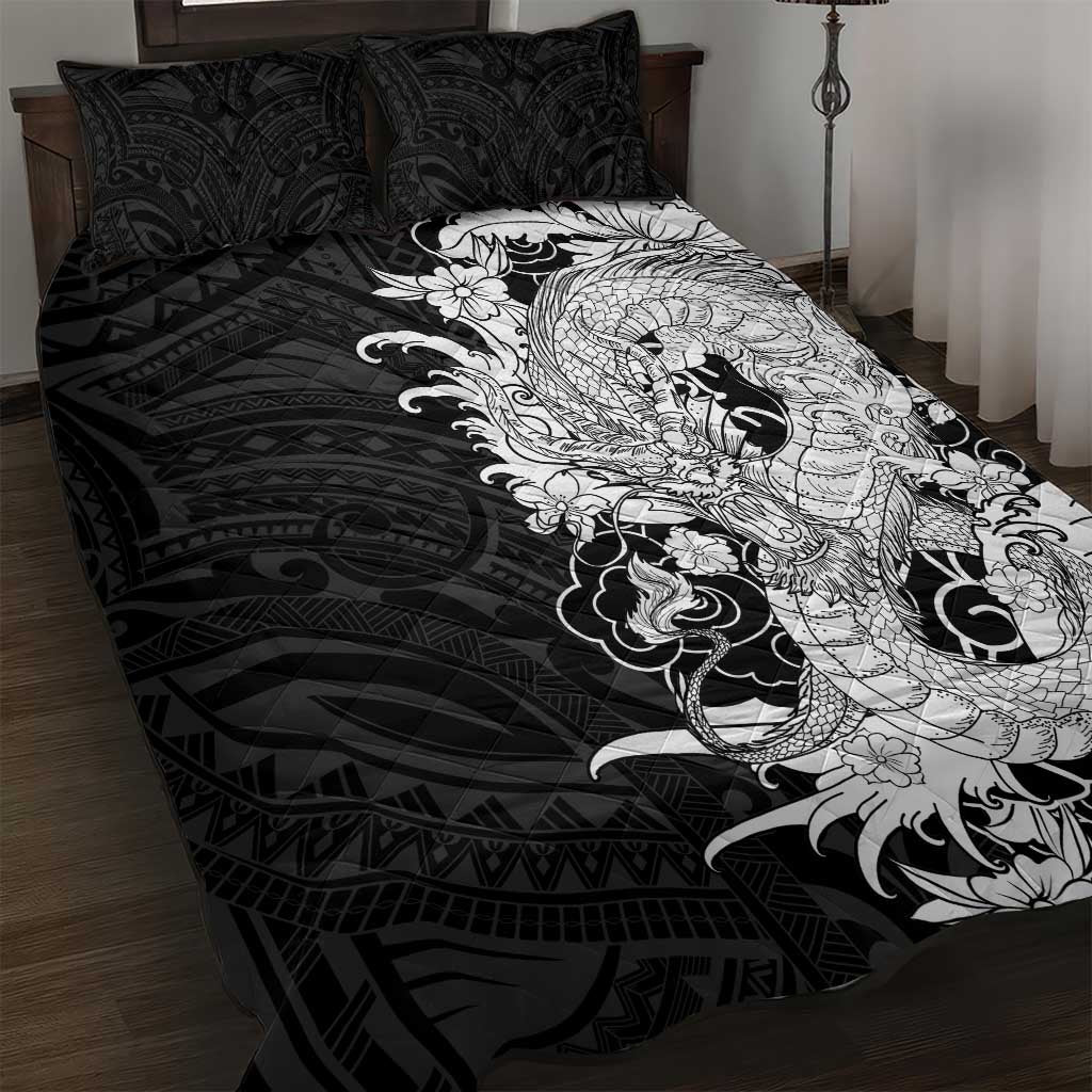 Hawaiian And Japanese Culture Quilt Bed Set Irezumi Dragon With Polynesian Pattern Black - Polynesian Pride