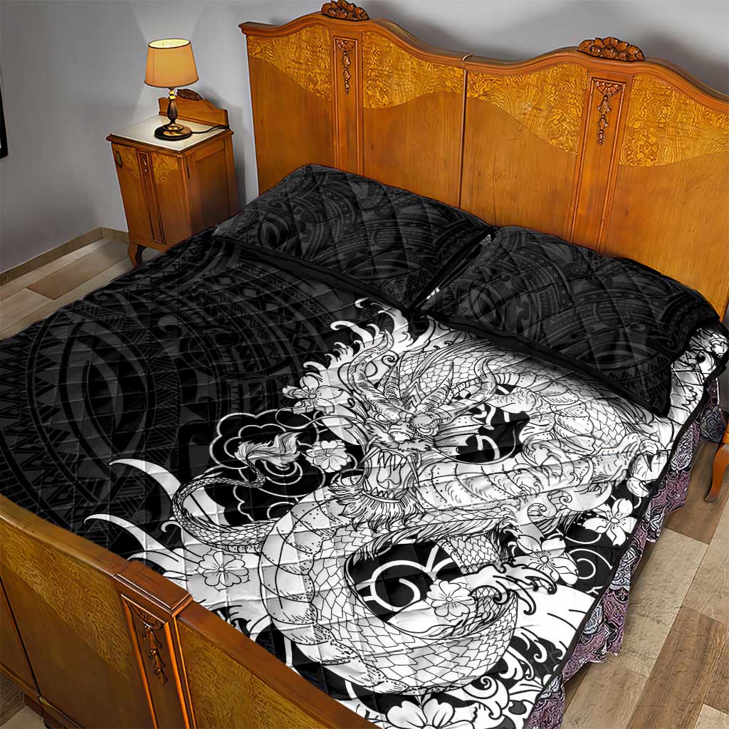 Hawaiian And Japanese Culture Quilt Bed Set Irezumi Dragon With Polynesian Pattern Black - Polynesian Pride