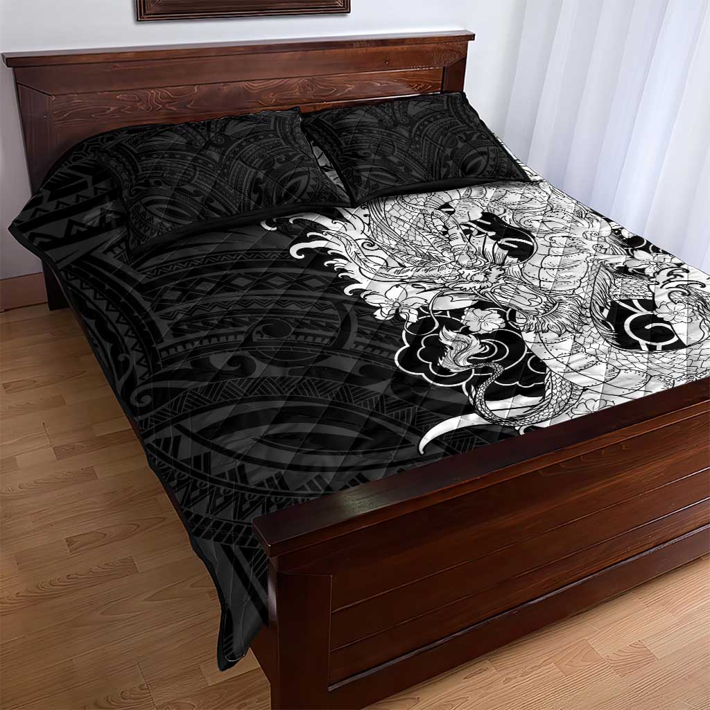 Hawaiian And Japanese Culture Quilt Bed Set Irezumi Dragon With Polynesian Pattern Black - Polynesian Pride