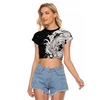 Hawaiian And Japanese Culture Raglan Cropped T Shirt Irezumi Dragon With Polynesian Pattern Black LT05 Female Black - Polynesian Pride