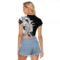 Hawaiian And Japanese Culture Raglan Cropped T Shirt Irezumi Dragon With Polynesian Pattern Black LT05 - Polynesian Pride