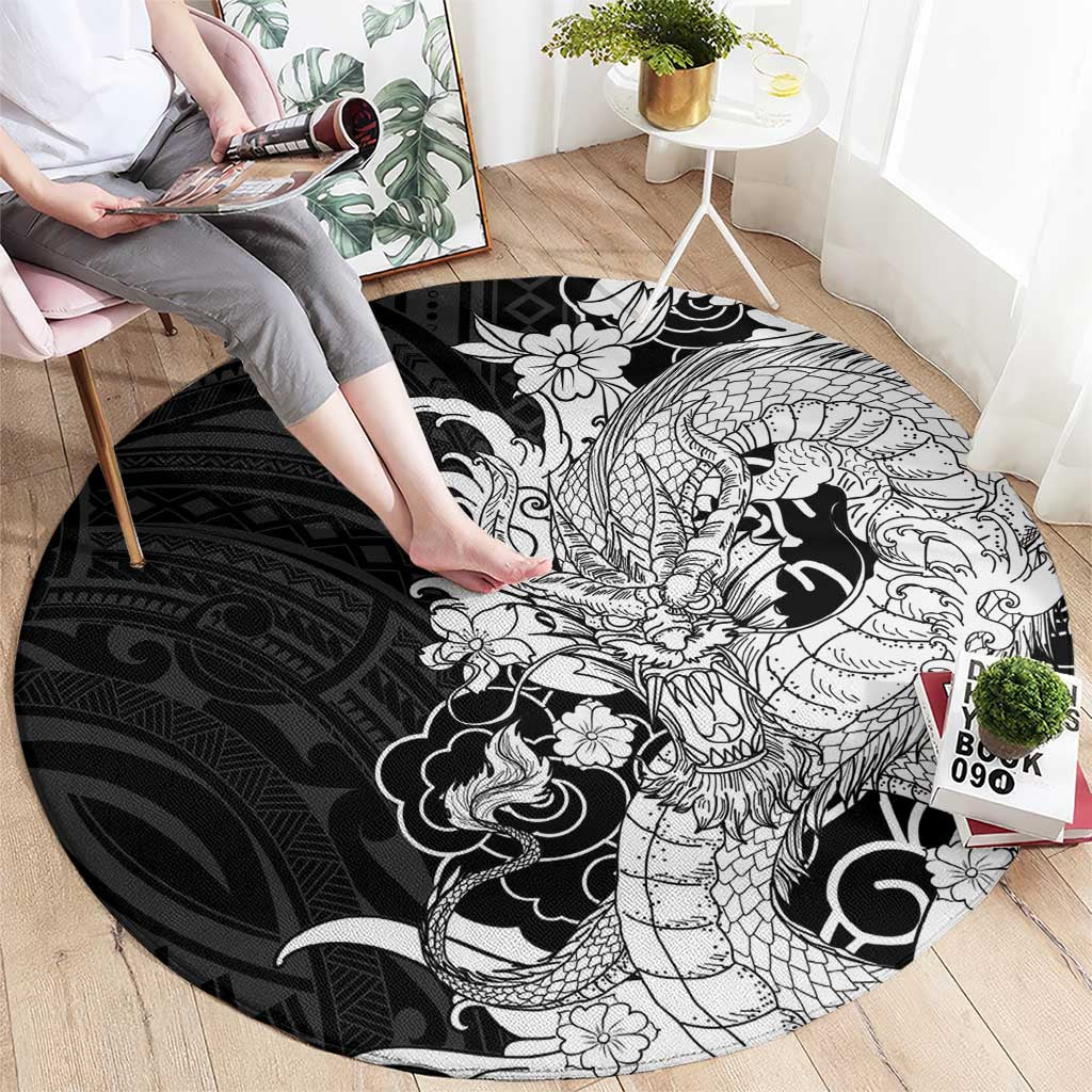 Hawaiian And Japanese Culture Round Carpet Irezumi Dragon With Polynesian Pattern Black - Polynesian Pride