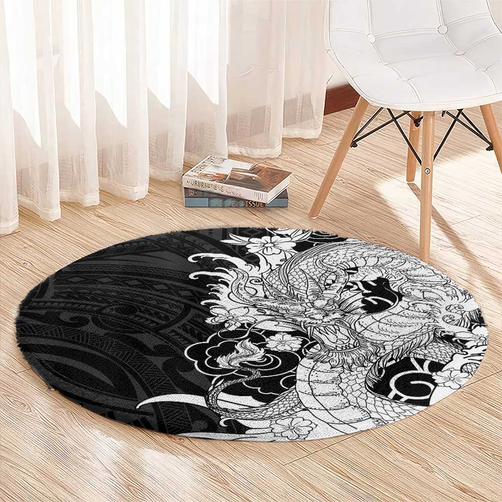 Hawaiian And Japanese Culture Round Carpet Irezumi Dragon With Polynesian Pattern Black - Polynesian Pride
