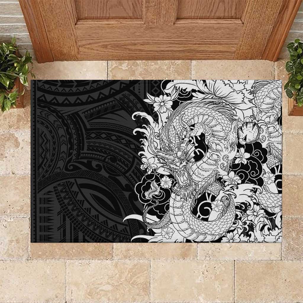 Hawaiian And Japanese Culture Rubber Doormat Irezumi Dragon With Polynesian Pattern Black LT05 Black - Polynesian Pride