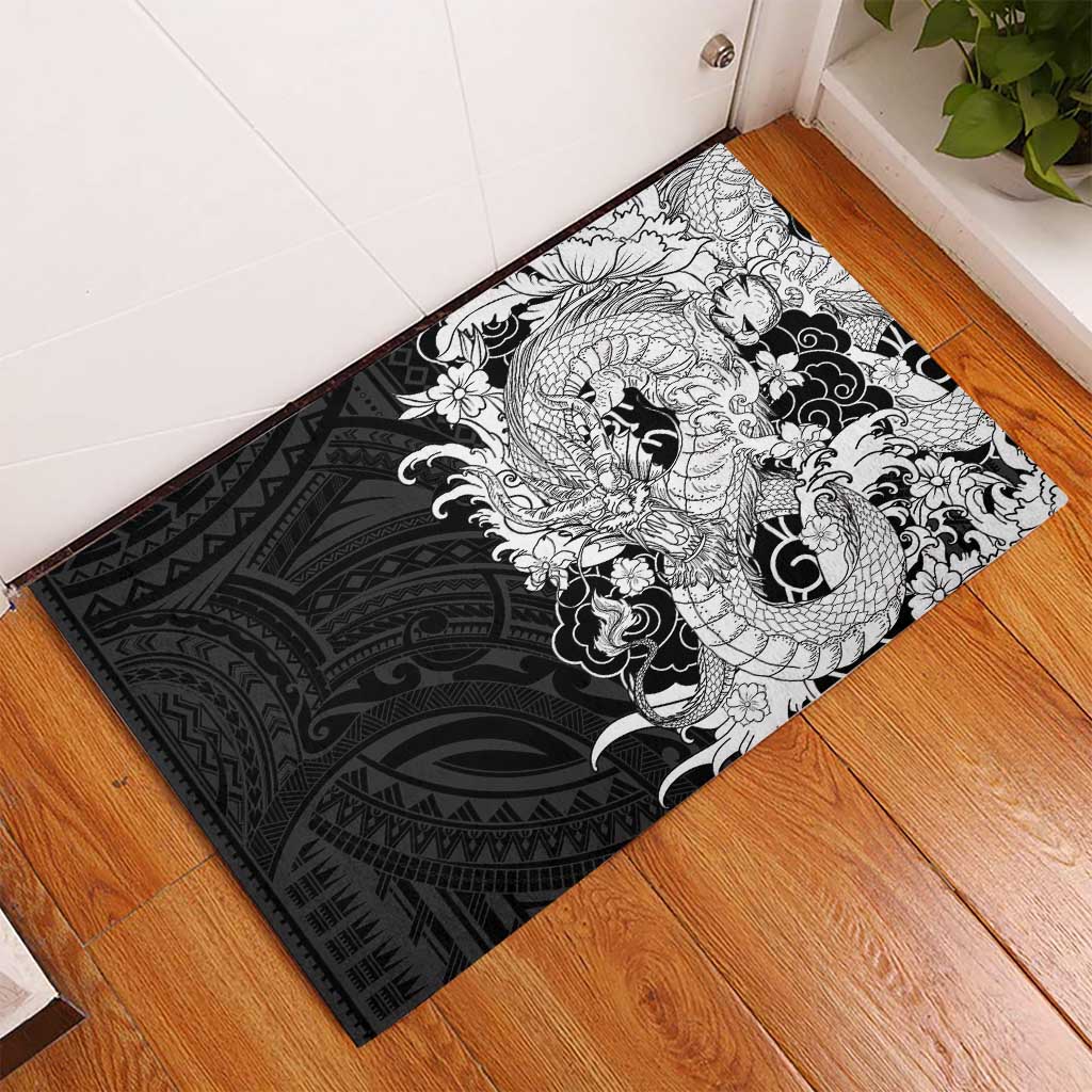 Hawaiian And Japanese Culture Rubber Doormat Irezumi Dragon With Polynesian Pattern Black LT05 - Polynesian Pride