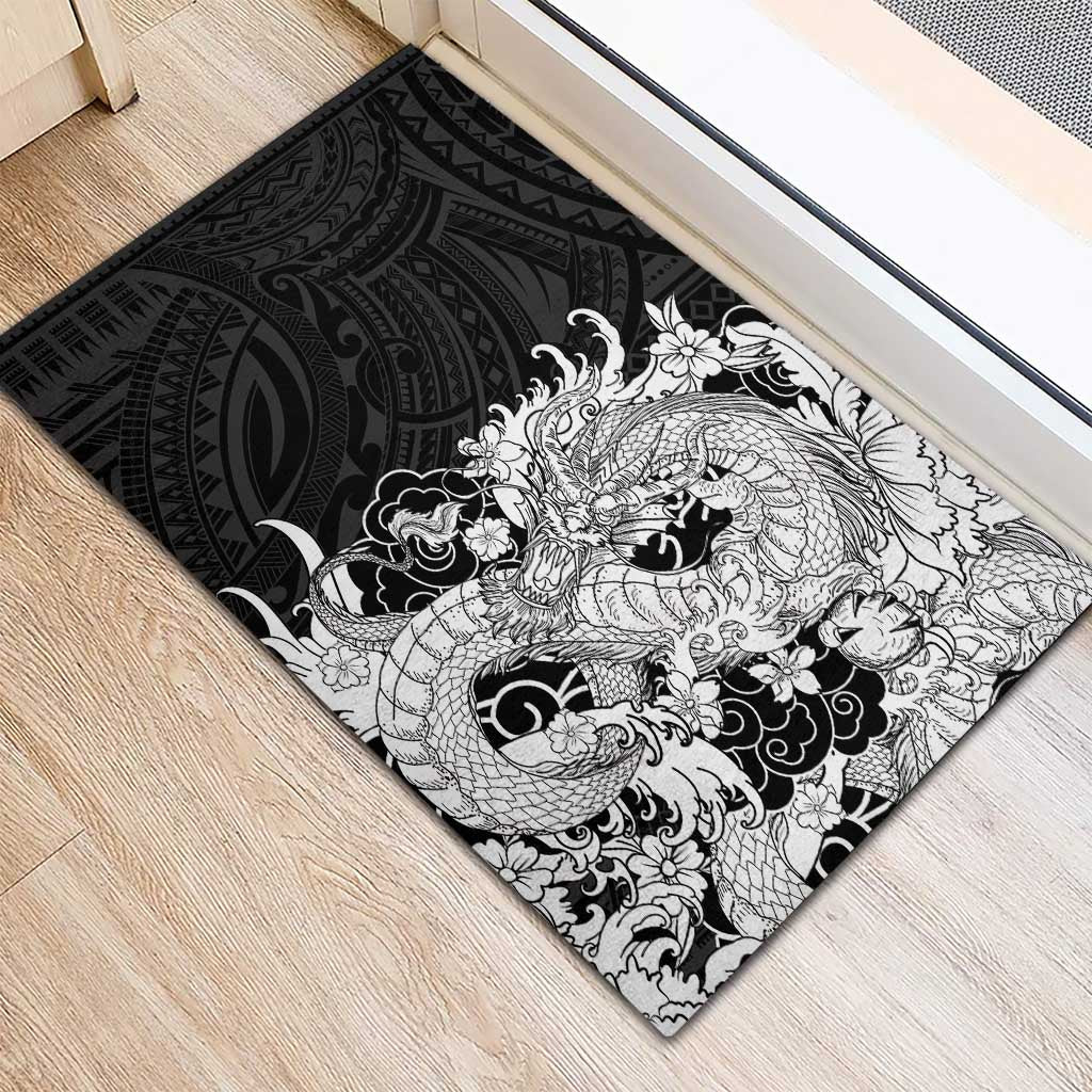 Hawaiian And Japanese Culture Rubber Doormat Irezumi Dragon With Polynesian Pattern Black LT05 - Polynesian Pride