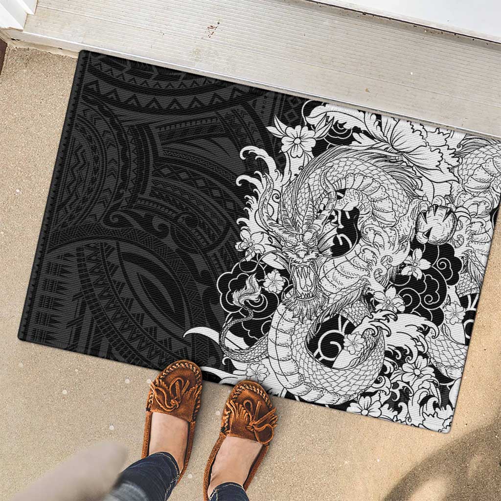 Hawaiian And Japanese Culture Rubber Doormat Irezumi Dragon With Polynesian Pattern Black LT05 - Polynesian Pride
