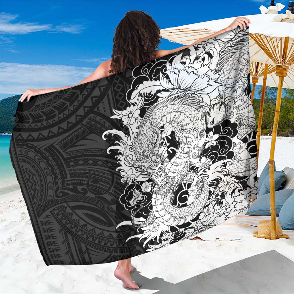 Hawaiian And Japanese Culture Sarong Irezumi Dragon With Polynesian Pattern Black - Polynesian Pride