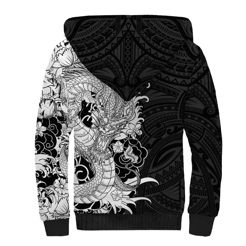 Hawaiian And Japanese Culture Sherpa Hoodie Irezumi Dragon With Polynesian Pattern Black - Polynesian Pride