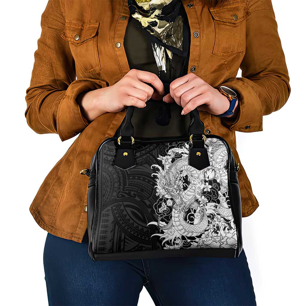 Hawaiian And Japanese Culture Shoulder Handbag Irezumi Dragon With Polynesian Pattern Black LT05 - Polynesian Pride