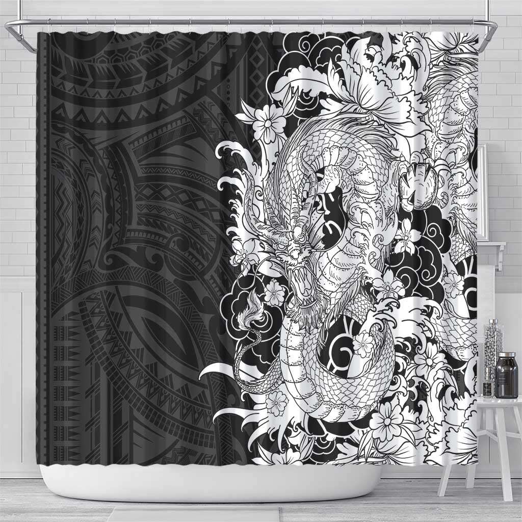 Hawaiian And Japanese Culture Shower Curtain Irezumi Dragon With Polynesian Pattern Black - Polynesian Pride