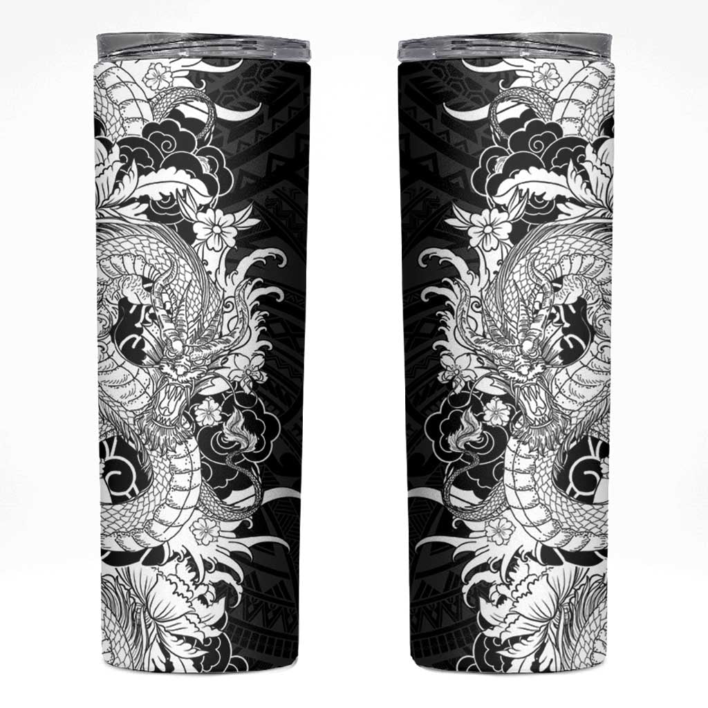 Hawaiian And Japanese Culture Skinny Tumbler Irezumi Dragon With Polynesian Pattern Black - Polynesian Pride