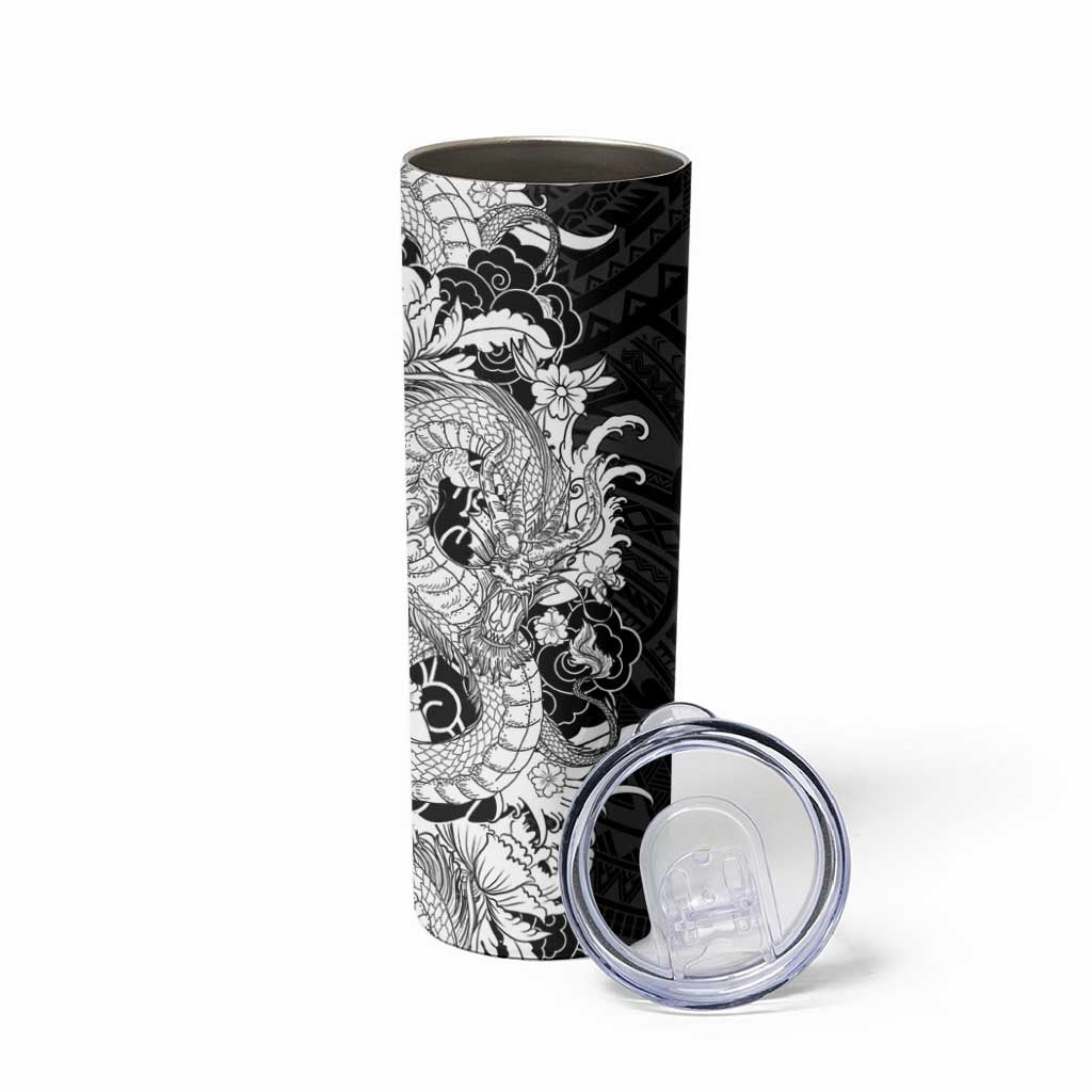 Hawaiian And Japanese Culture Skinny Tumbler Irezumi Dragon With Polynesian Pattern Black - Polynesian Pride