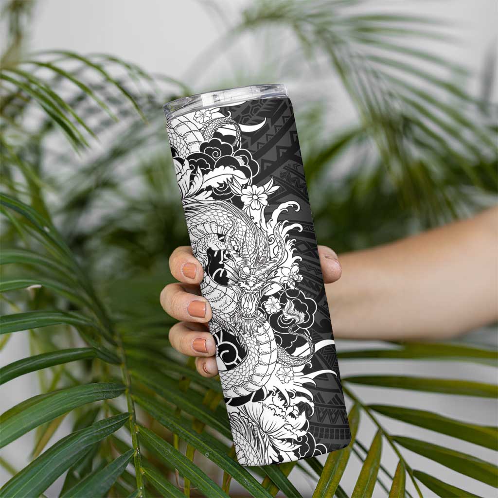 Hawaiian And Japanese Culture Skinny Tumbler Irezumi Dragon With Polynesian Pattern Black - Polynesian Pride