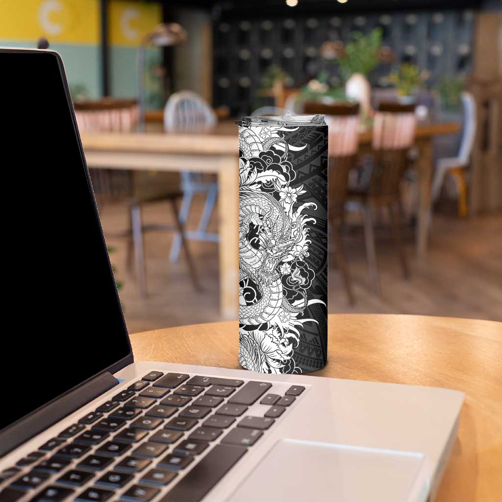 Hawaiian And Japanese Culture Skinny Tumbler Irezumi Dragon With Polynesian Pattern Black - Polynesian Pride