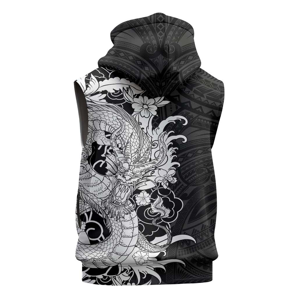 Hawaiian And Japanese Culture Sleeveless Hoodie Irezumi Dragon With Polynesian Pattern Black LT05 - Polynesian Pride