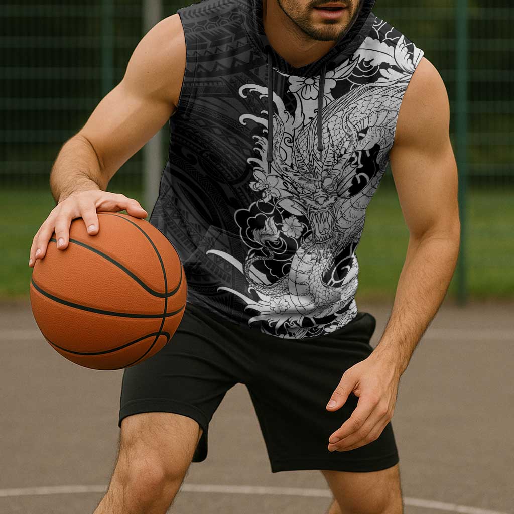 Hawaiian And Japanese Culture Sleeveless Hoodie Irezumi Dragon With Polynesian Pattern Black LT05 - Polynesian Pride