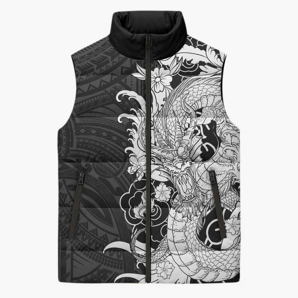 Hawaiian And Japanese Culture Sleeveless Puffer Jacket Irezumi Dragon With Polynesian Pattern Black LT05 Unisex Black - Polynesian Pride