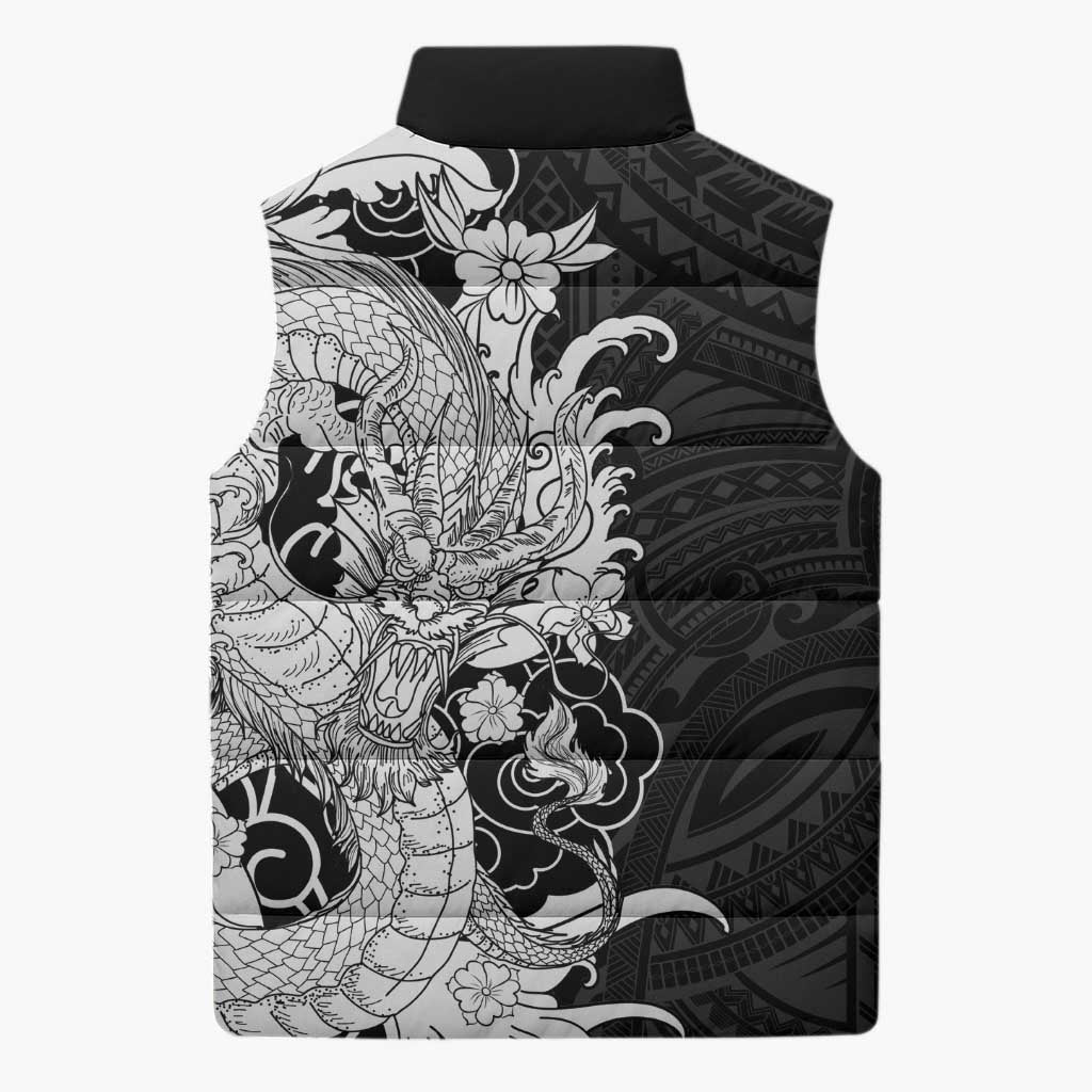 Hawaiian And Japanese Culture Sleeveless Puffer Jacket Irezumi Dragon With Polynesian Pattern Black LT05 - Polynesian Pride