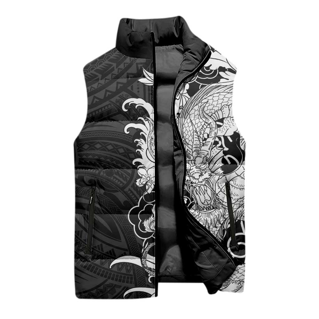 Hawaiian And Japanese Culture Sleeveless Puffer Jacket Irezumi Dragon With Polynesian Pattern Black LT05 - Polynesian Pride