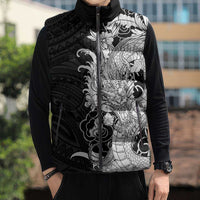 Hawaiian And Japanese Culture Sleeveless Puffer Jacket Irezumi Dragon With Polynesian Pattern Black LT05 - Polynesian Pride