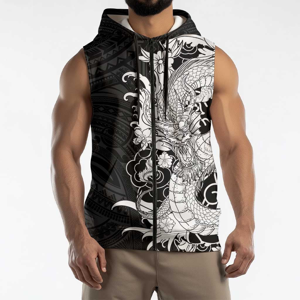 Hawaiian And Japanese Culture Sleeveless Zip Hoodie Irezumi Dragon With Polynesian Pattern Black LT05 - Polynesian Pride