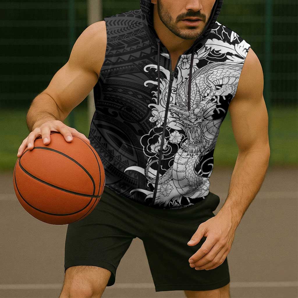 Hawaiian And Japanese Culture Sleeveless Zip Hoodie Irezumi Dragon With Polynesian Pattern Black LT05 - Polynesian Pride