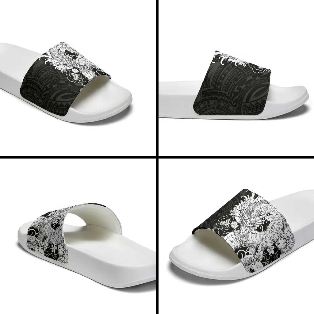 Hawaiian And Japanese Culture Slide Sandals Irezumi Dragon With Polynesian Pattern Black - Polynesian Pride
