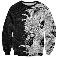 Hawaiian And Japanese Culture Sweatshirt Irezumi Dragon With Polynesian Pattern Black LT05 Unisex Black - Polynesian Pride