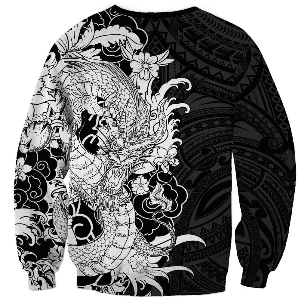 Hawaiian And Japanese Culture Sweatshirt Irezumi Dragon With Polynesian Pattern Black LT05 - Polynesian Pride