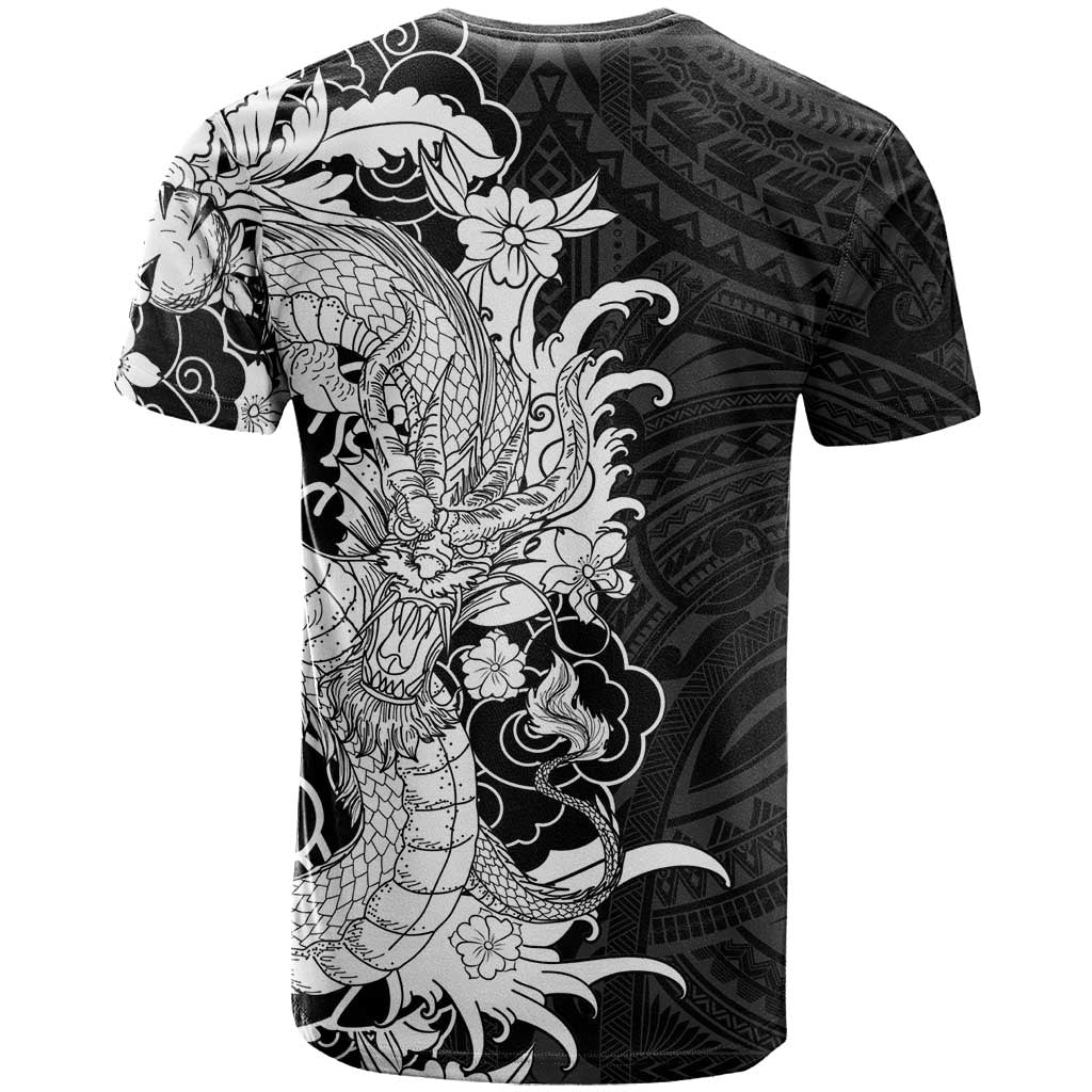 Hawaiian And Japanese Culture T Shirt Irezumi Dragon With Polynesian Pattern Black - Polynesian Pride