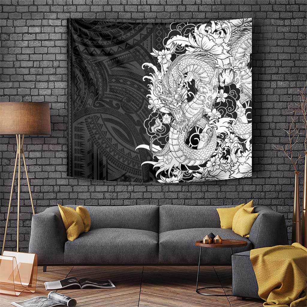 Hawaiian And Japanese Culture Tapestry Irezumi Dragon With Polynesian Pattern Black - Polynesian Pride