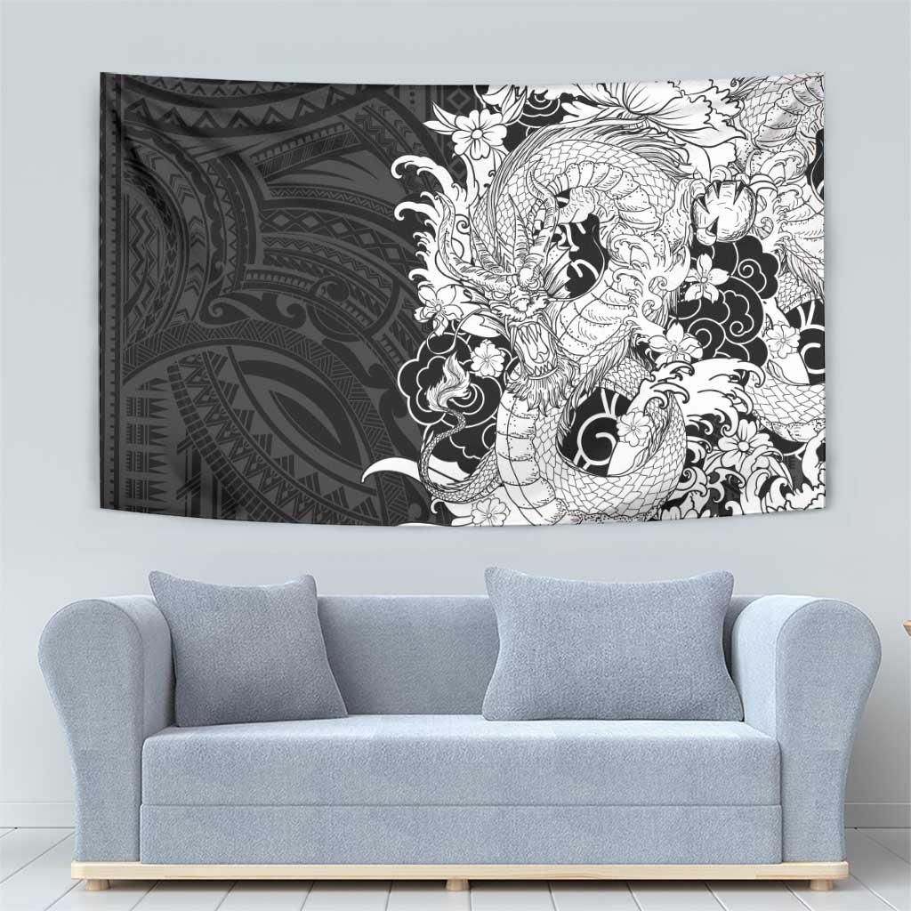 Hawaiian And Japanese Culture Tapestry Irezumi Dragon With Polynesian Pattern Black - Polynesian Pride