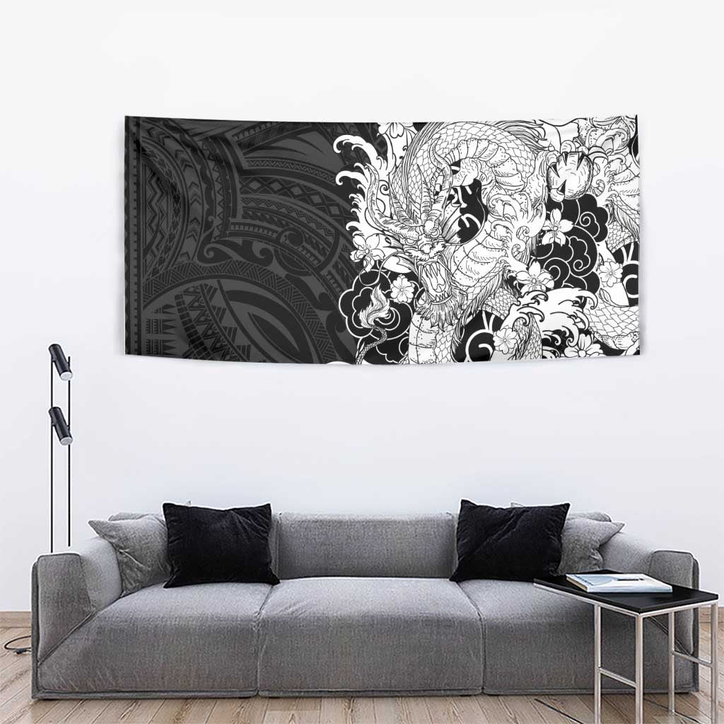 Hawaiian And Japanese Culture Tapestry Irezumi Dragon With Polynesian Pattern Black - Polynesian Pride