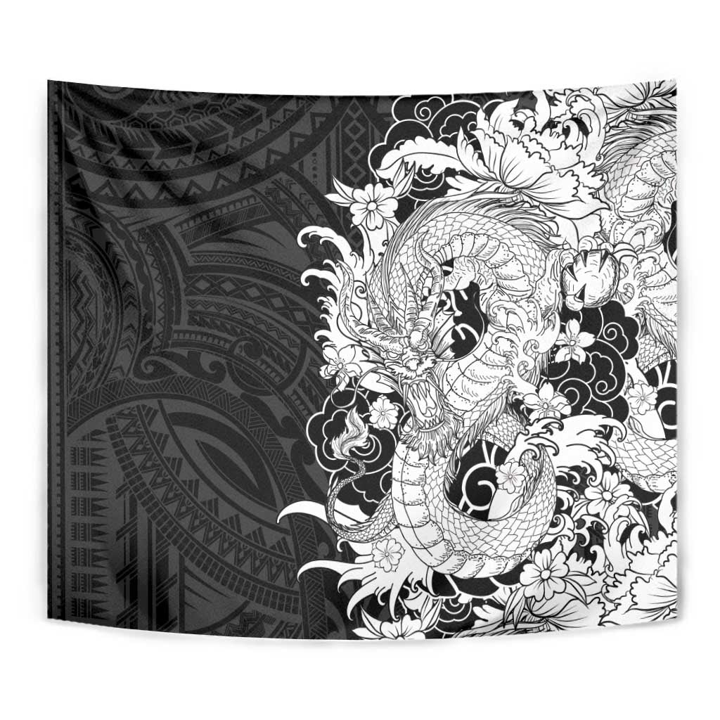 Hawaiian And Japanese Culture Tapestry Irezumi Dragon With Polynesian Pattern Black - Polynesian Pride