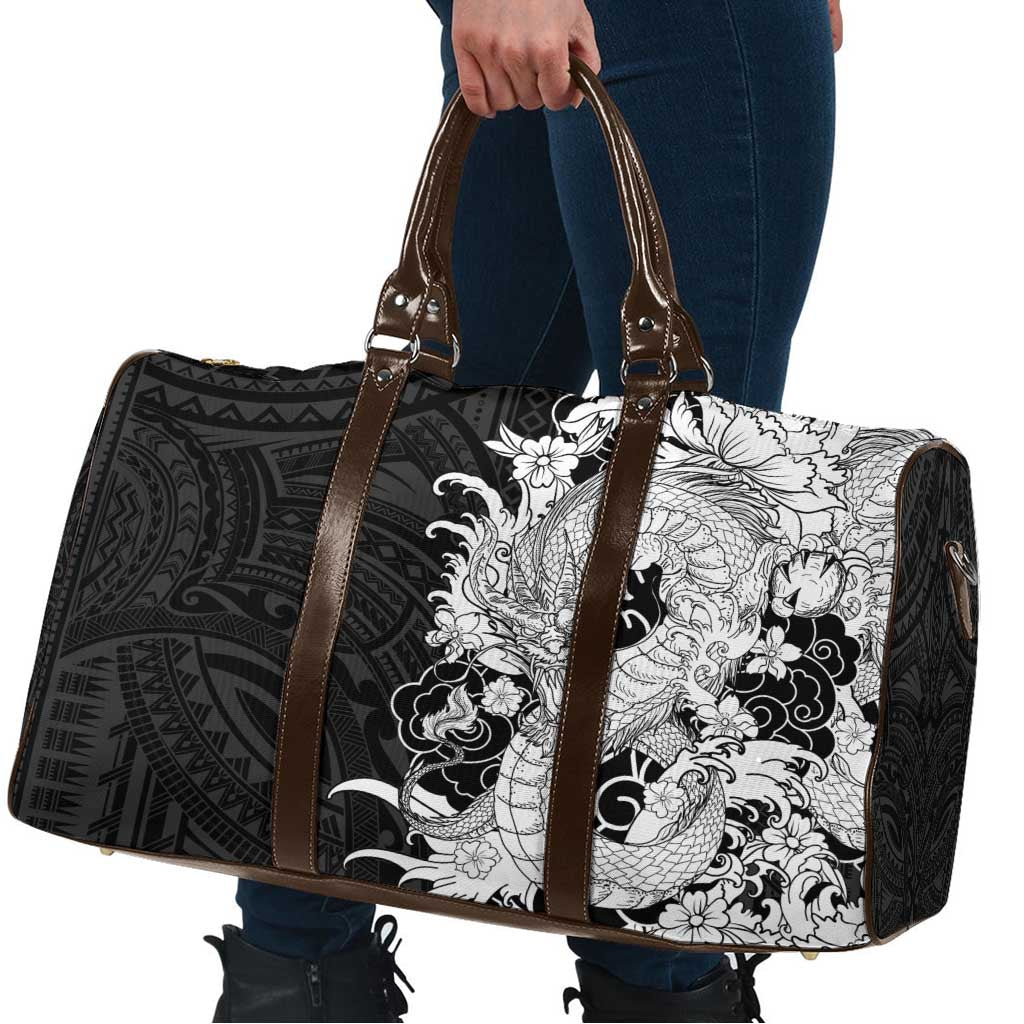 Hawaiian And Japanese Culture Travel Bag Irezumi Dragon With Polynesian Pattern Black - Polynesian Pride