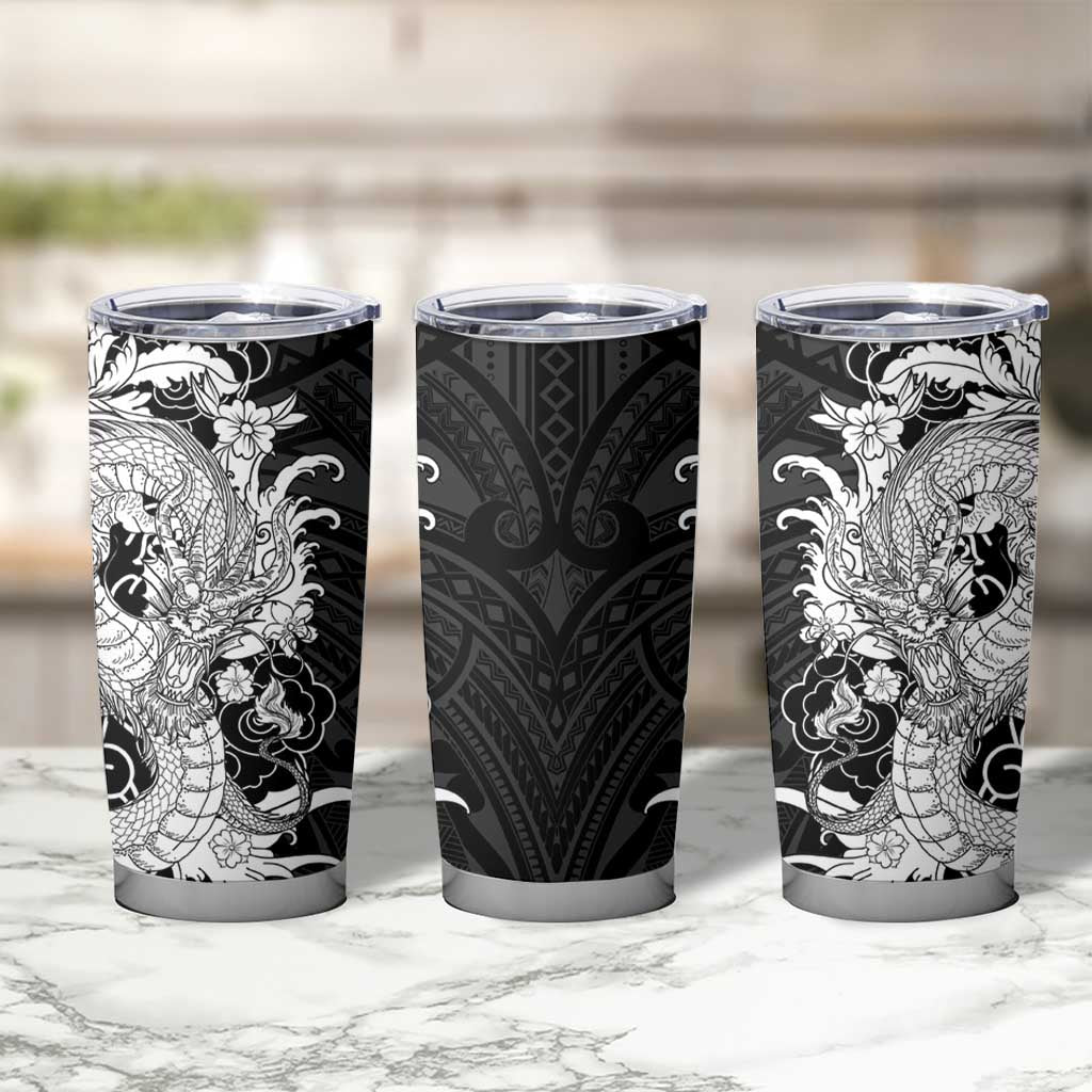 Hawaiian And Japanese Culture Tumbler Cup Irezumi Dragon With Polynesian Pattern Black - Polynesian Pride