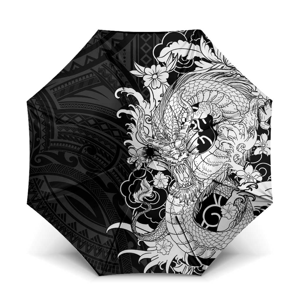 Hawaiian And Japanese Culture Umbrella Irezumi Dragon With Polynesian Pattern Black LT05 One Size Folded 11.42 inch Opened Diameter 37.4 inch Black - Polynesian Pride