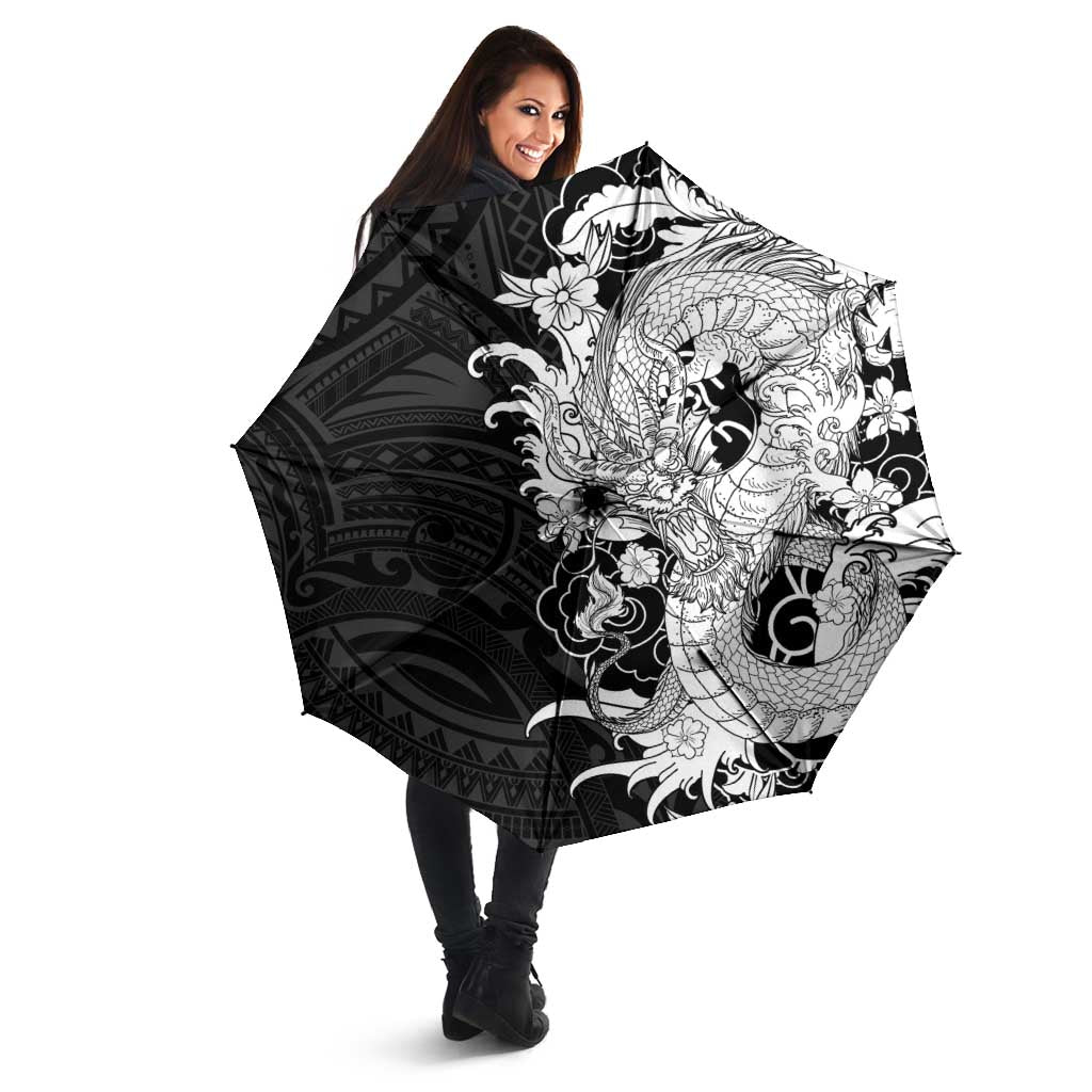 Hawaiian And Japanese Culture Umbrella Irezumi Dragon With Polynesian Pattern Black LT05 - Polynesian Pride