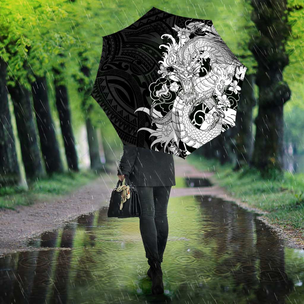 Hawaiian And Japanese Culture Umbrella Irezumi Dragon With Polynesian Pattern Black LT05 - Polynesian Pride