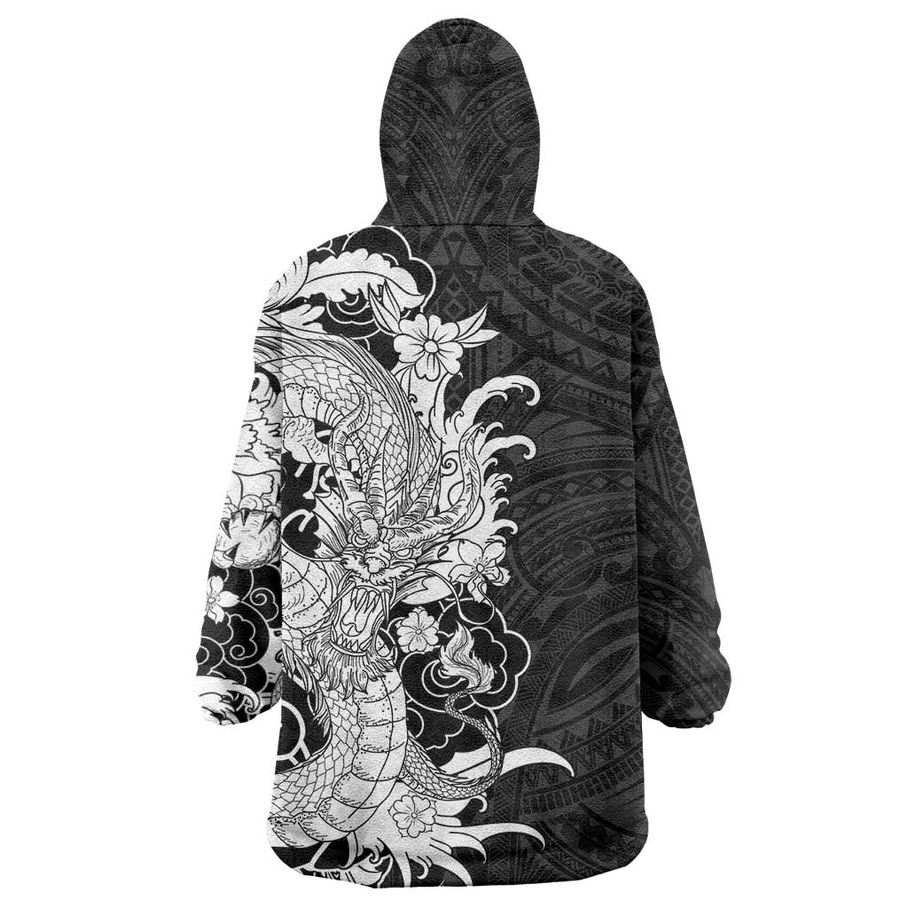 Hawaiian And Japanese Culture Wearable Blanket Hoodie Irezumi Dragon With Polynesian Pattern Black LT05 - Polynesian Pride