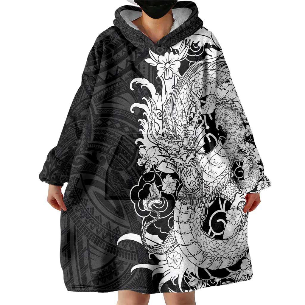 Hawaiian And Japanese Culture Wearable Blanket Hoodie Irezumi Dragon With Polynesian Pattern Black LT05 - Polynesian Pride