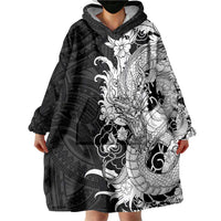 Hawaiian And Japanese Culture Wearable Blanket Hoodie Irezumi Dragon With Polynesian Pattern Black LT05 - Polynesian Pride