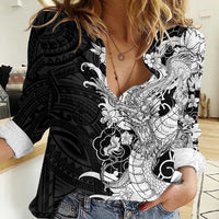 Hawaiian And Japanese Culture Women Casual Shirt Irezumi Dragon With Polynesian Pattern Black - Polynesian Pride