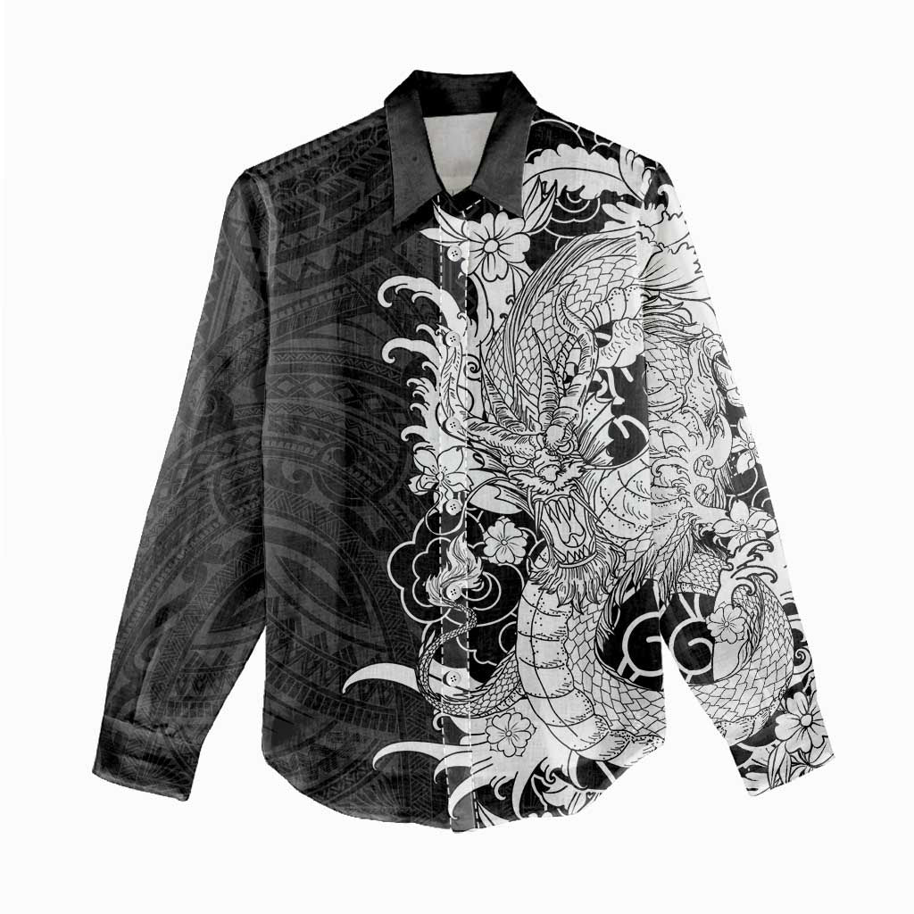 Hawaiian And Japanese Culture Women Casual Shirt Irezumi Dragon With Polynesian Pattern Black - Polynesian Pride